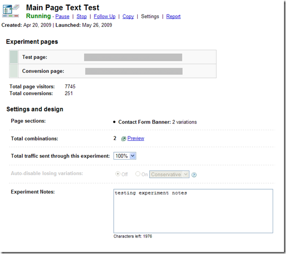 Google Website Optimizer Experiment Notes 