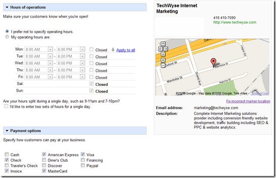 Google Local Business Center Information Screen
