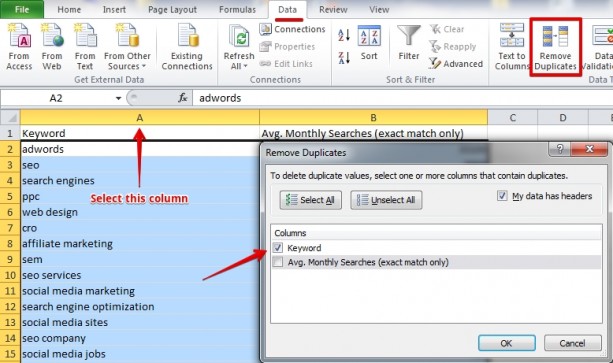 Removing keyword duplicates