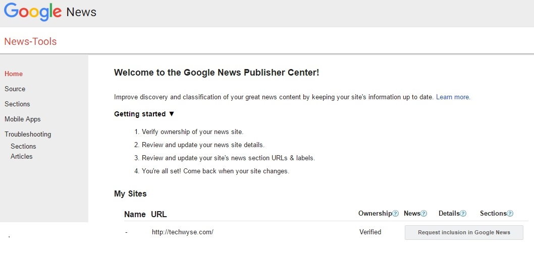Google Publisher Center Screenshot