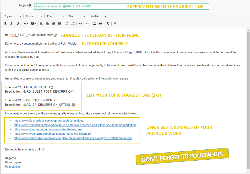 A working email pitch example for guest posting