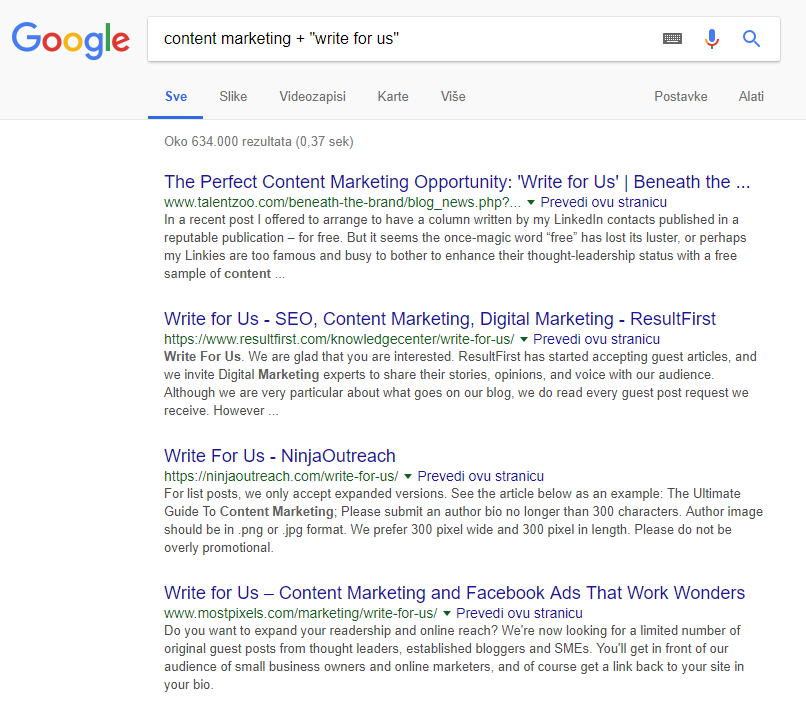 'write for us' SERP result