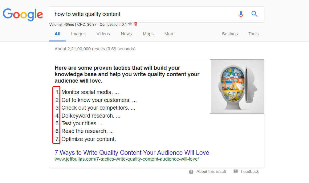 serp result for how to write quality content