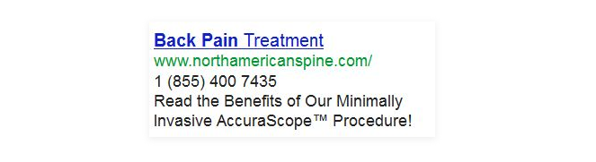 Back pain treatment Adcopy of a google search ad