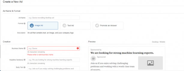 create an ad on quora