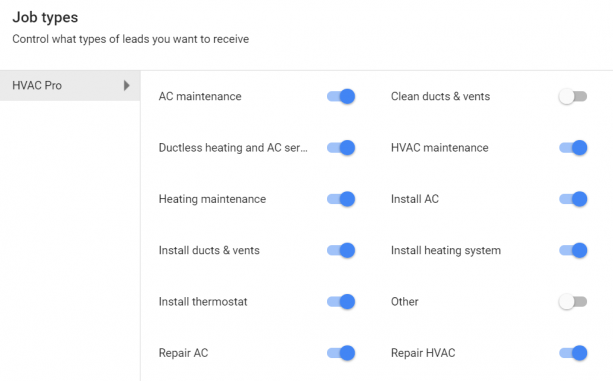 Local service ads - Job types menu