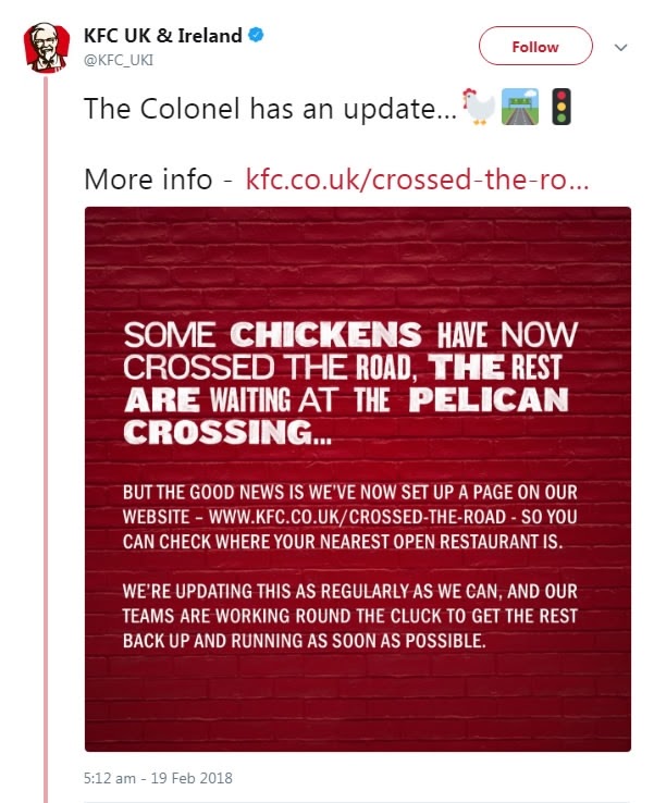 KFC tweet for No chicken campaign