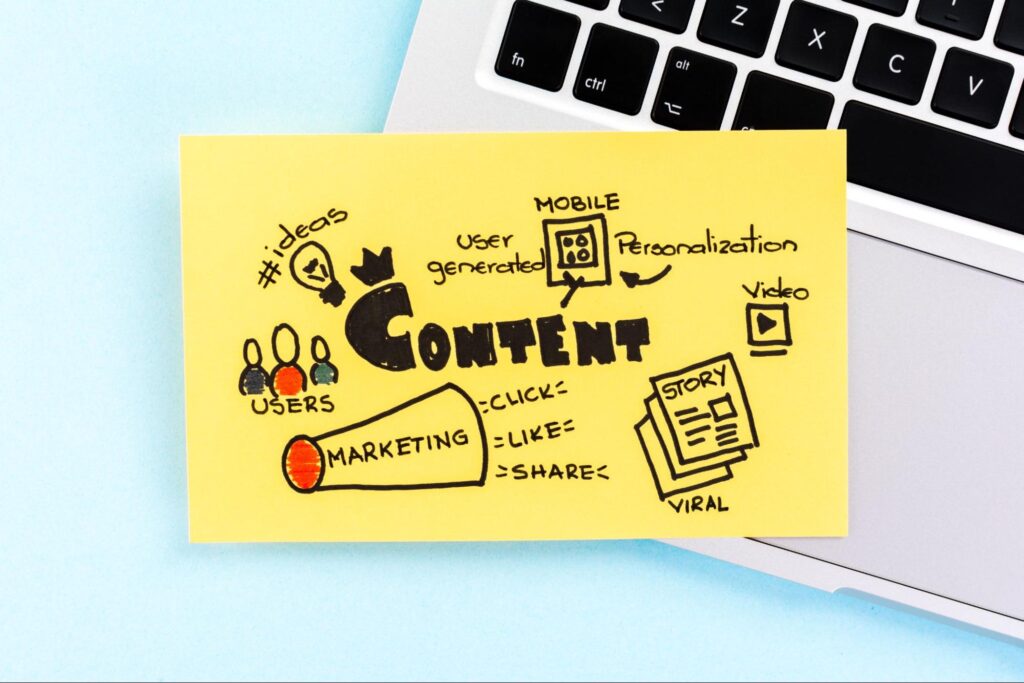 content marketing on yellow paper against laptop and blue background