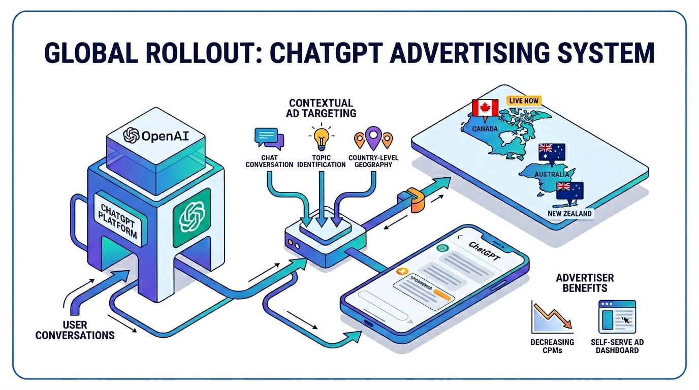 OpenAI has activated ChatGPT ads for Free and Go users in Canada, Australia, and New Zealand. Here's what brands need to know about the new ad channel.