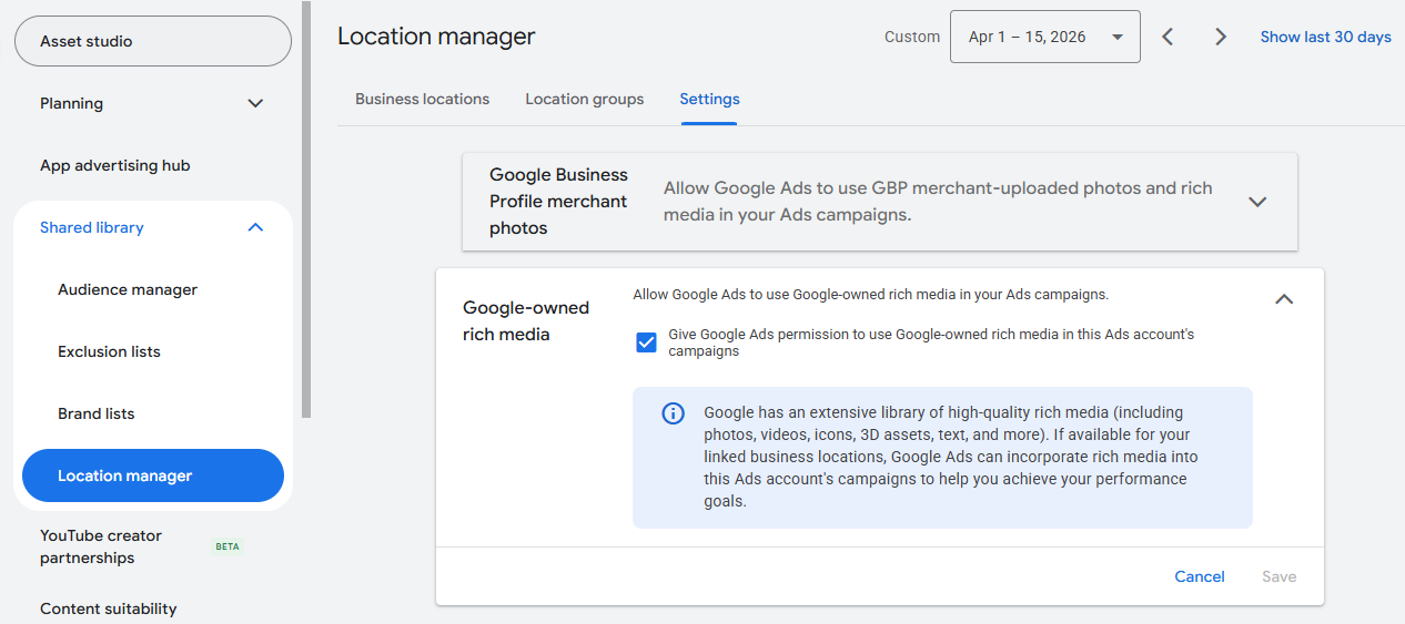Ads can be configured under the shared library, within Location Manager settings