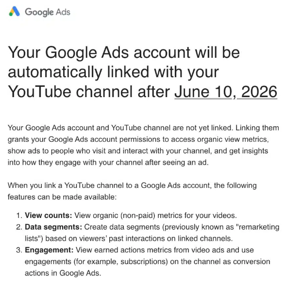 Google Ads to auto-link YouTube channels starting June 10