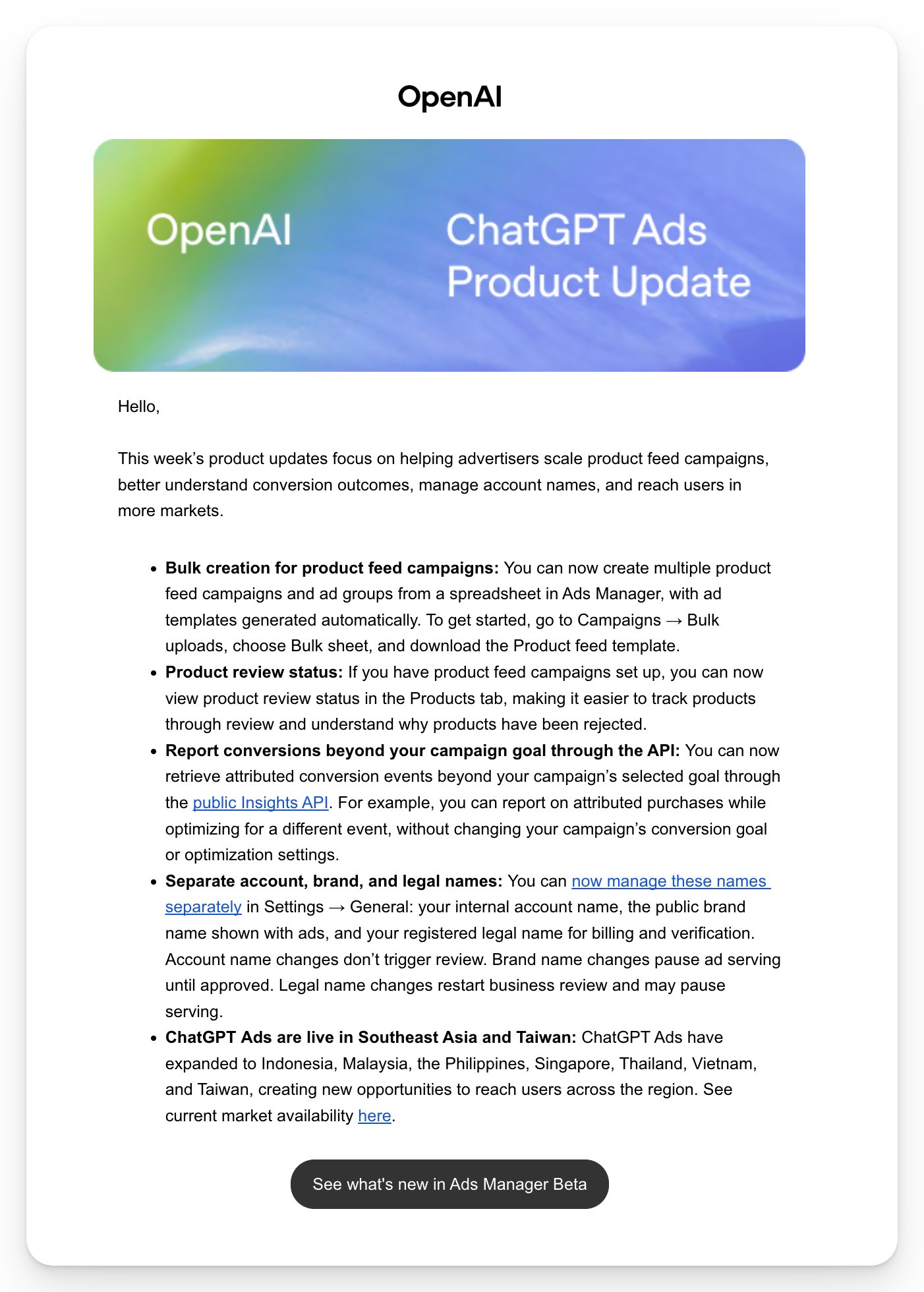 ChatGPT Ads Product Update